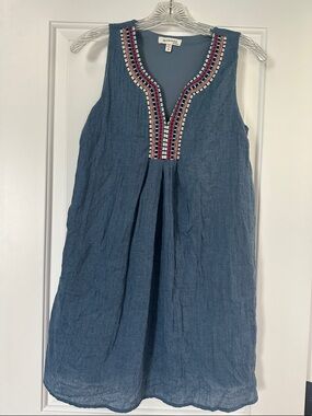 Blue Sleeveless Embroidered V-Neck Mini Dress